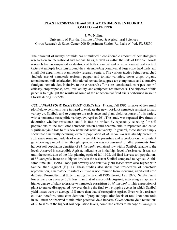 plant resistance and soil amendments in florida tomato