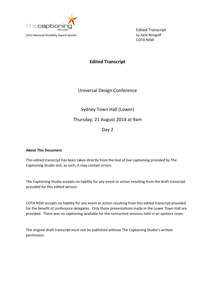 edited transcript universal design conference sydney town
