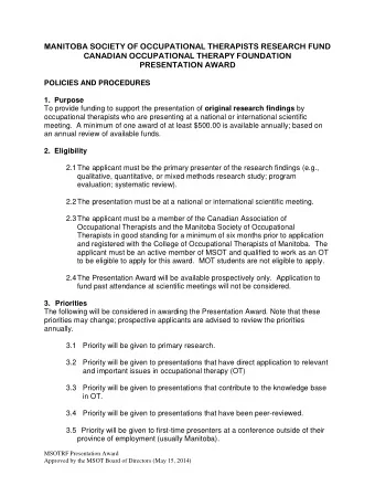 MANITOBA SOCIETY OF OCCUPATIONAL THERAPISTS RESEARCH FUND  CANADIAN OCCUPATIONAL THERAPY FOUNDATION