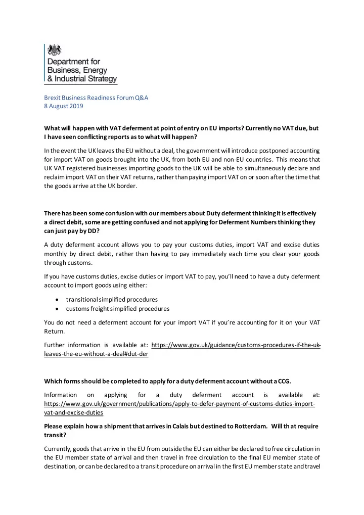 brexit business readiness forum q a 8 august 2019 what