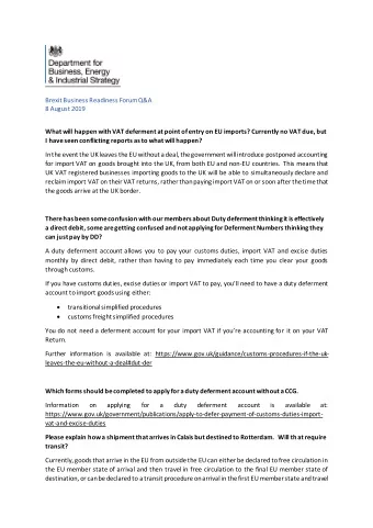 Brexit Business Readiness Forum Q&amp;A  8 August 2019  What will happen with VAT deferment at