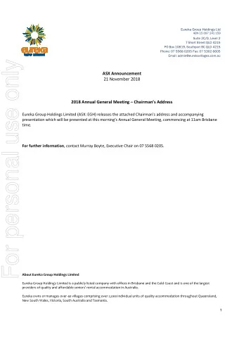 For personal use only  ASX Announcement  21 November 2018  2018 Annual General Meeting