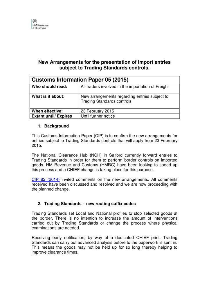 new arrangements for the presentation of import entries