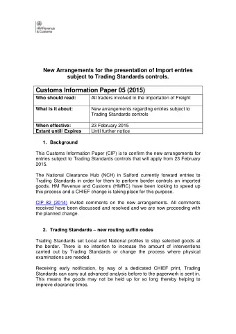 New Arrangements for the presentation of Import entries  subject to Trading Standards controls.