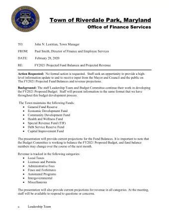 Town of Riverdale Park, Maryland  Office of Finance Services  TO:              John N. Lestitian,