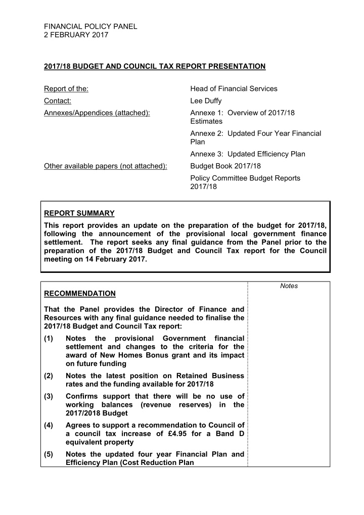 financial policy panel 2 february 2017 2017 18 budget and