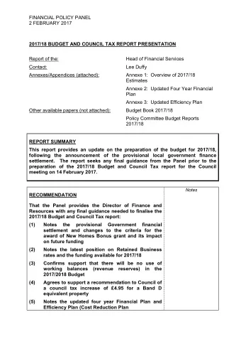 FINANCIAL POLICY PANEL  2 FEBRUARY 2017  2017/18 BUDGET AND COUNCIL TAX REPORT PRESENTATION  Report