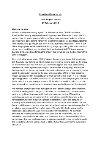 Provident Financial plc  2017 full year results  27 February 2018 Malcolm Le May  I should start by