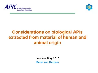 Considerations on biological APIs  extracted from material of human and  animal origin  London, May