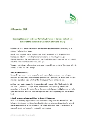 Opening Statement by Donal Dennehy, Director of Danone Ireland,  on  behalf of the Renewable Gas