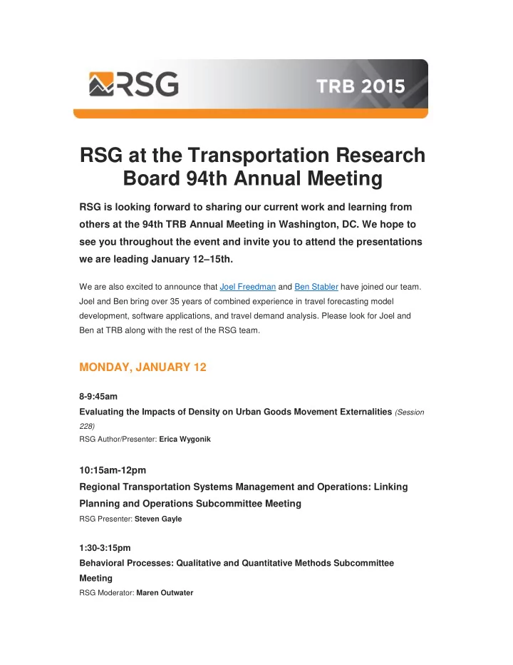 rsg at the transportation research board 94th annual