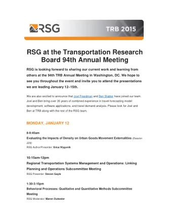 RSG at the Transportation Research  Board 94th Annual Meeting  RSG is looking forward to sharing