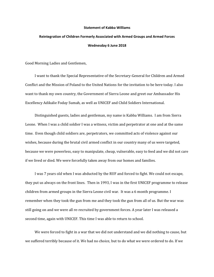 statement of kabba williams reintegration of children