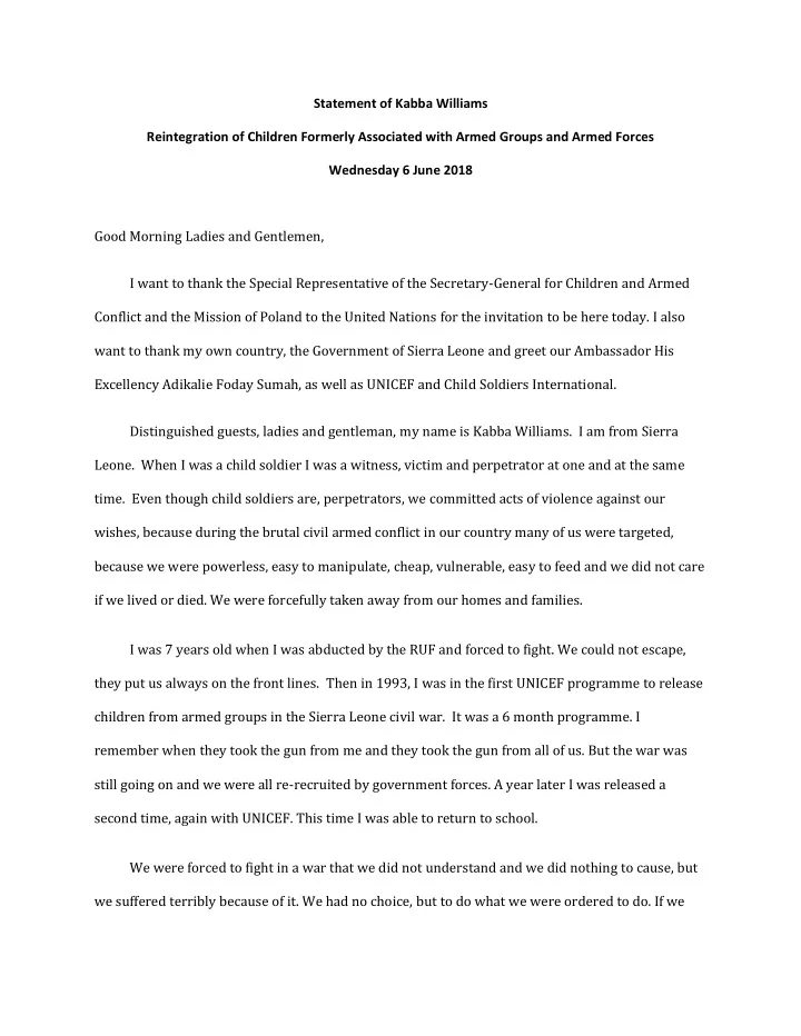 statement of kabba williams reintegration of children