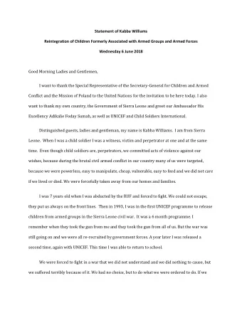 Statement of Kabba Williams  Reintegration of Children Formerly Associated with Armed Groups and