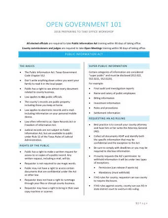 OPEN GOVERNMENT 101  2018 PREPARING TO TAKE OFFICE WORKSHOP All elected officials are required to