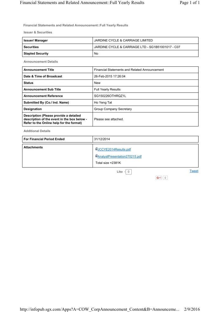 financial statements and related announcement full yearly