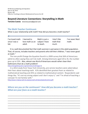 Beyond  Literature  Connections:  Storytelling  in  Math   Teresita  Cuesta