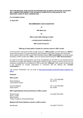 NOT FOR RELEASE, PUBLICATION OR DISTRIBUTION, IN WHOLE OR IN PART, IN OR INTO  ANY JURISDICTION