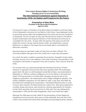 The International Commission against Impunity in  Guatemala, CICIG: An Update and Prospects for the