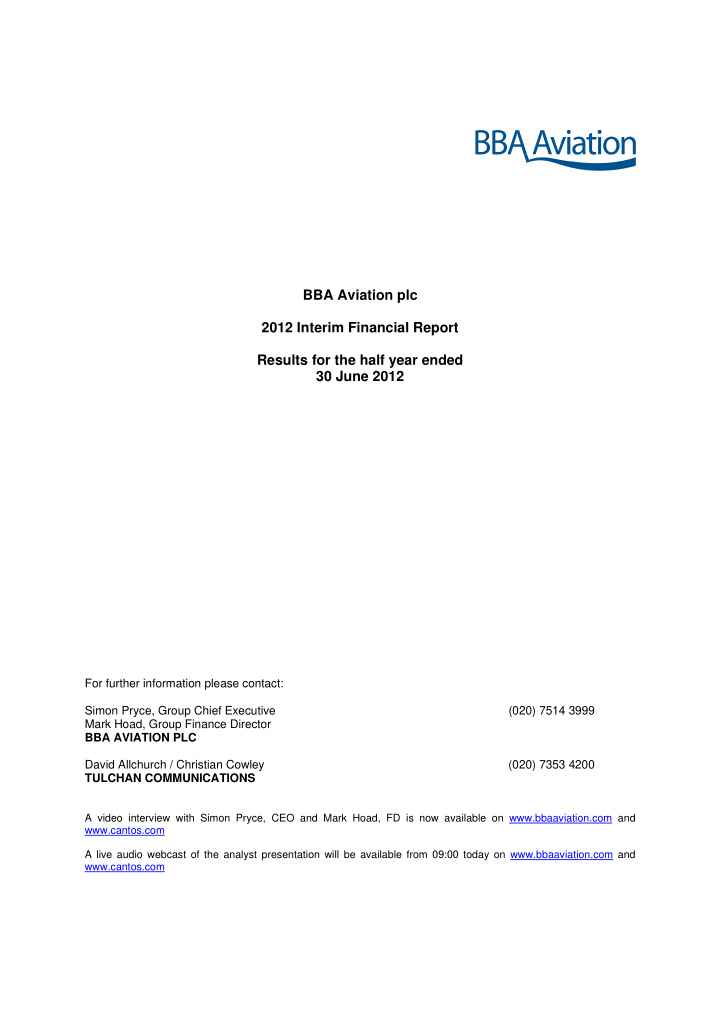 bba aviation plc 2012 interim financial report results