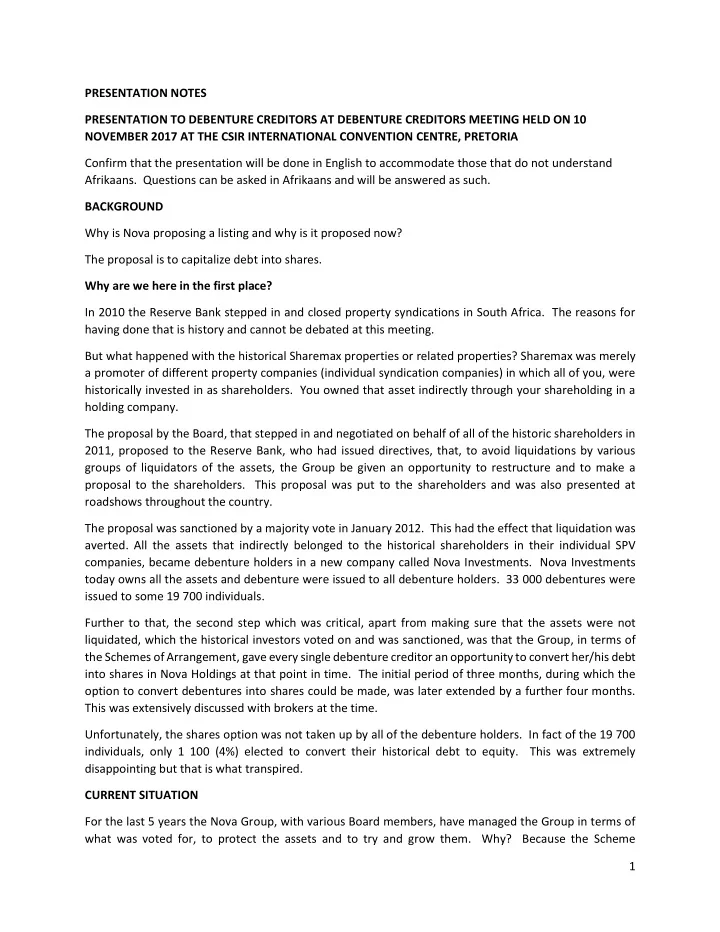 presentation notes presentation to debenture creditors at