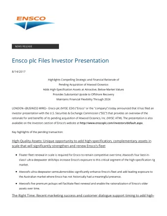 Ensco plc Files Investor Presentation  8/14/2017  Highlights Compelling Strategic and Financial