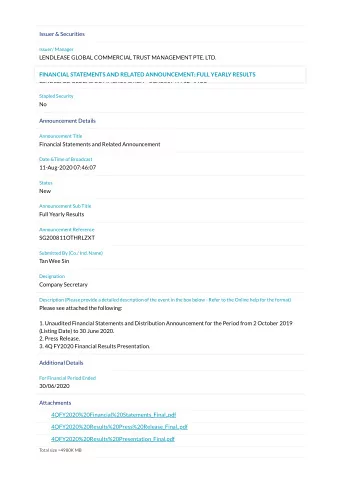 Issuer &amp; Securities  Issuer/ Manager  LENDLEASE GLOBAL COMMERCIAL TRUST MANAGEMENT PTE. LTD.