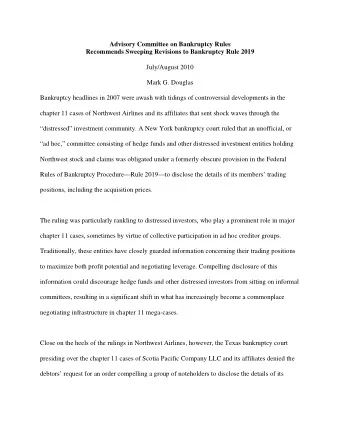 Advisory Committee on Bankruptcy Rules Recommends Sweeping Revisions to Bankruptcy Rule 2019