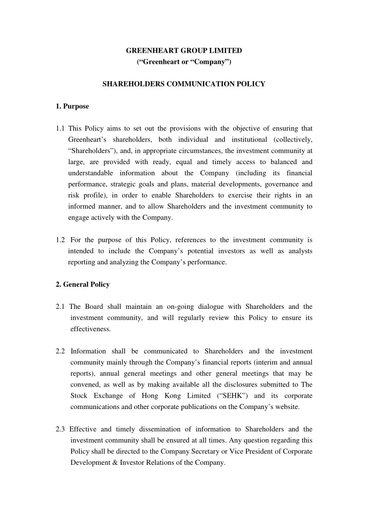 greenheart group limited greenheart or company