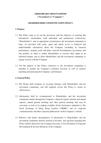 GREENHEART GROUP LIMITED  (Greenheart or Company)  SHAREHOLDERS COMMUNICATION POLICY  1.