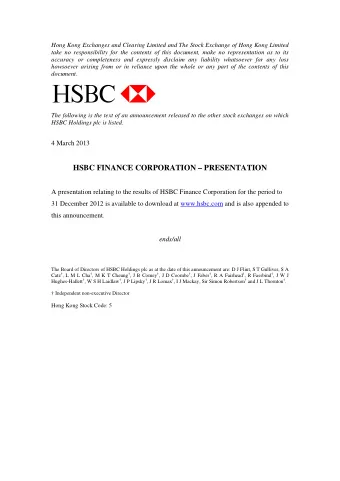 HSBC Finance Corporation  IFRS Management Basis  4 March 2013  1  Disclosure Statement  This