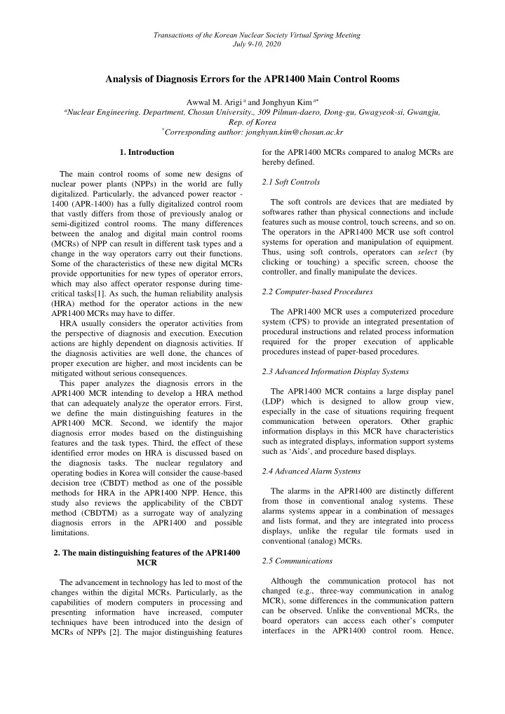analysis of diagnosis errors for the apr1400 main control