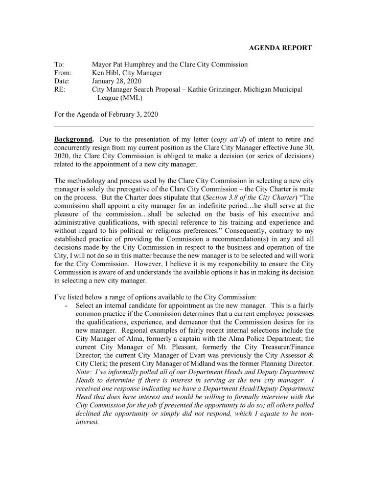 agenda report to mayor pat humphrey and the clare city