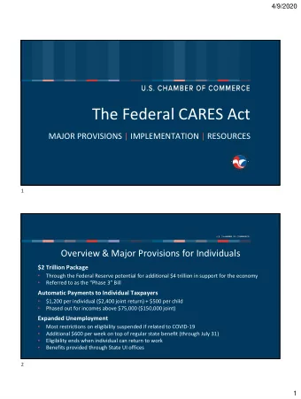 The Federal CARES Act  MAJOR PROVISIONS | IMPLEMENTATION | RESOURCES  1  Overview &amp; Major