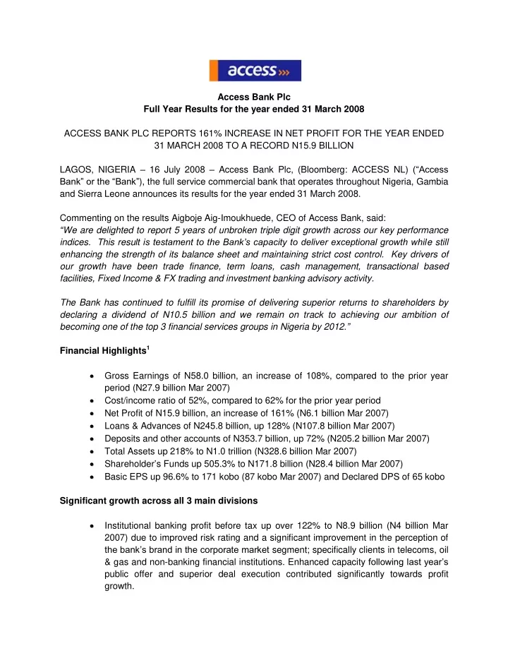 access bank plc full year results for the year ended 31