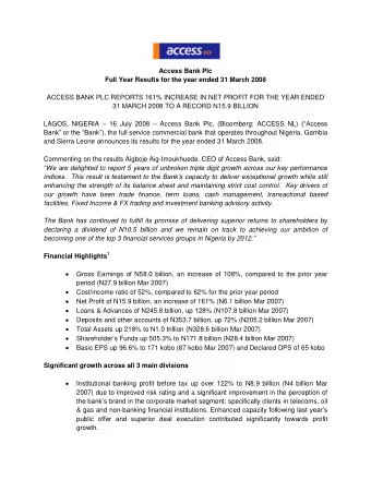 Access Bank Plc  Full Year Results for the year ended 31 March 2008  ACCESS BANK PLC REPORTS 161%