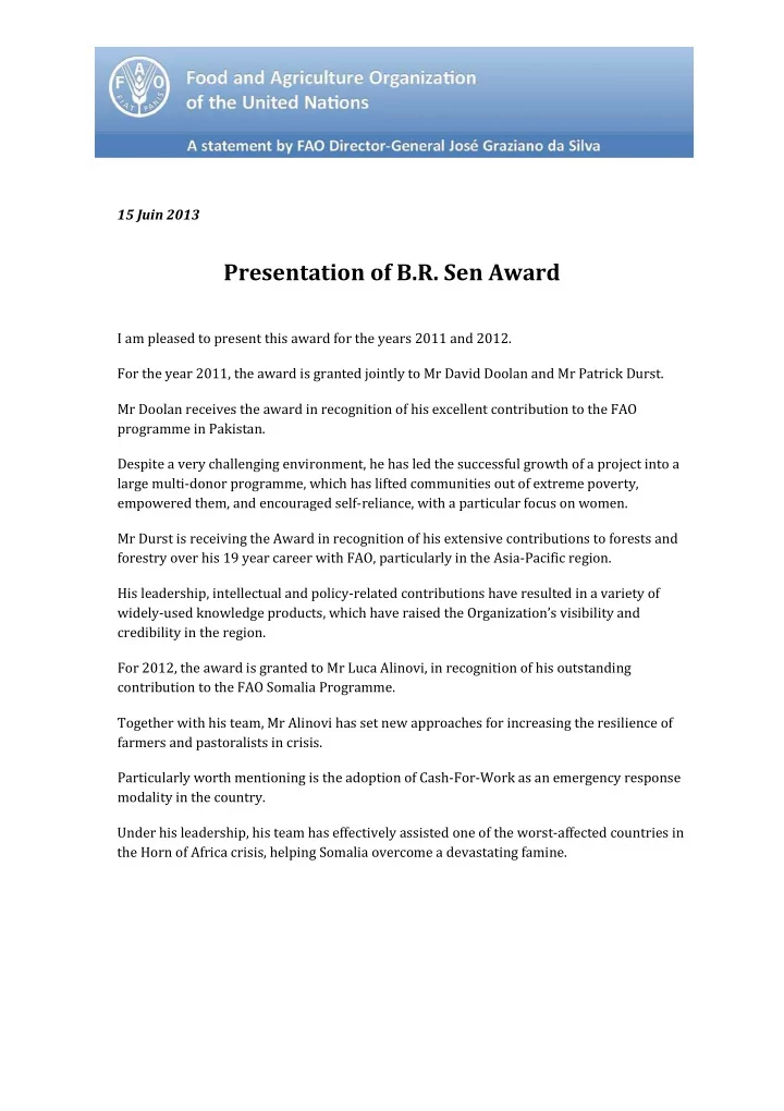 presentation of b r sen award