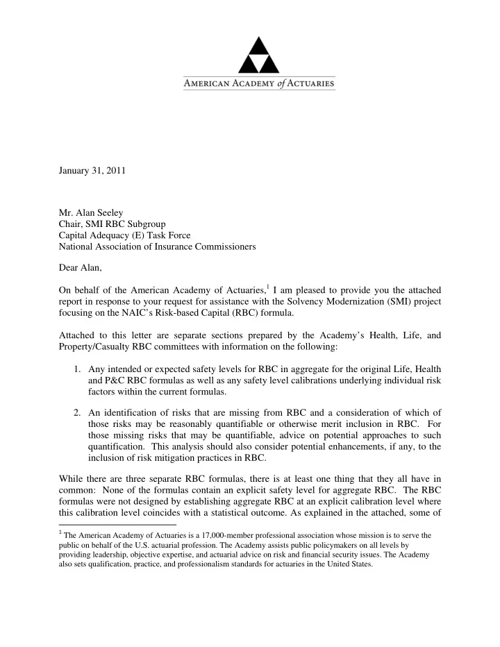 january 31 2011 mr alan seeley chair smi rbc subgroup