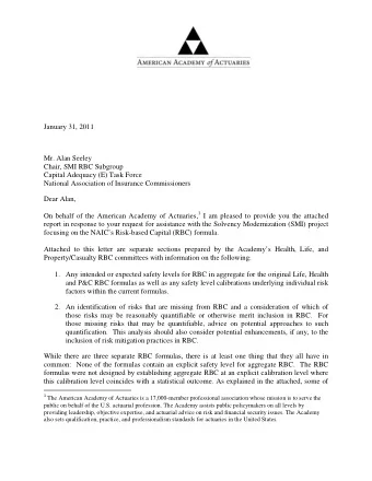 January 31, 2011  Mr. Alan Seeley  Chair, SMI RBC Subgroup  Capital Adequacy (E) Task Force