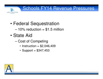 Schools FY14 Revenue Pressures   Federal Sequestration   10% reduction = $1.5 million