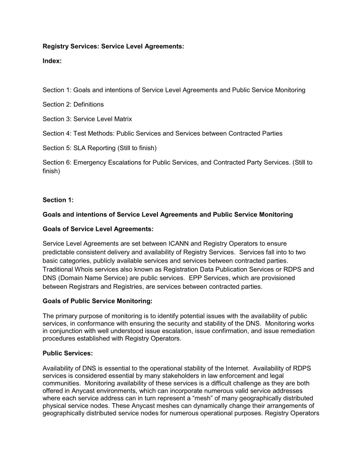 registry services service level agreements index section