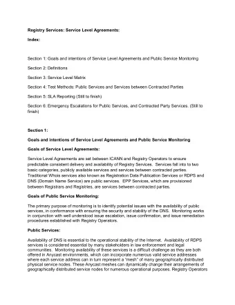 Registry Services: Service Level Agreements:  Index:  Section 1: Goals and intentions of Service