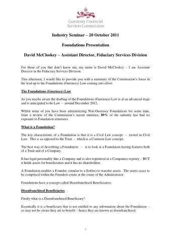 Industry Seminar  20 October 2011  Foundations Presentation David McCloskey  Assistant