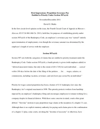 First Impressions: Prepetition Severance Pay Entitled to Priority Under Section 507(a)(4)