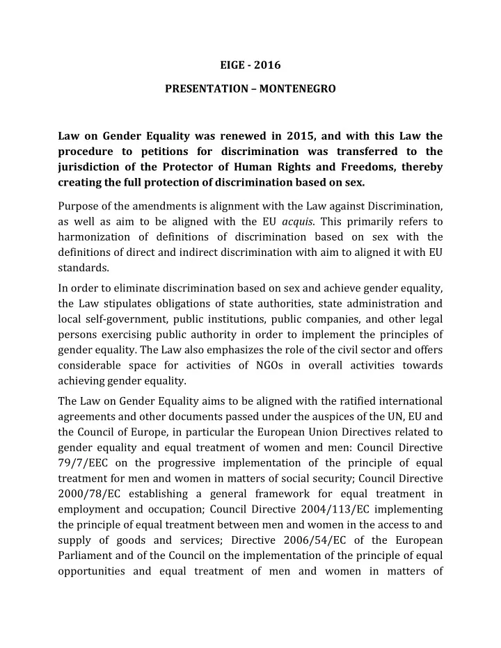 eige 2016 presentation montenegro law on gender equality