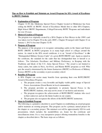 Tips on How to Establish and Maintain an Award Program for SFA Award of Excellence  to JROTC