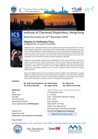 Institute of Chartered Shipbrokers, Hong Kong Branch Panel Discussion on 22 nd November 2019