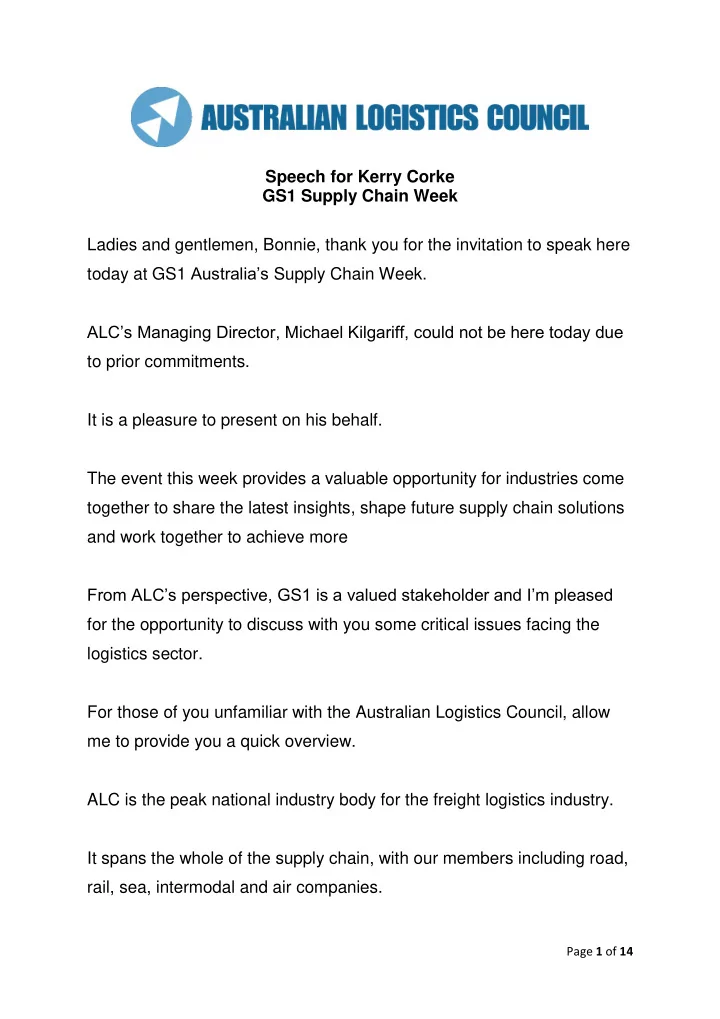 speech for kerry corke gs1 supply chain week ladies and