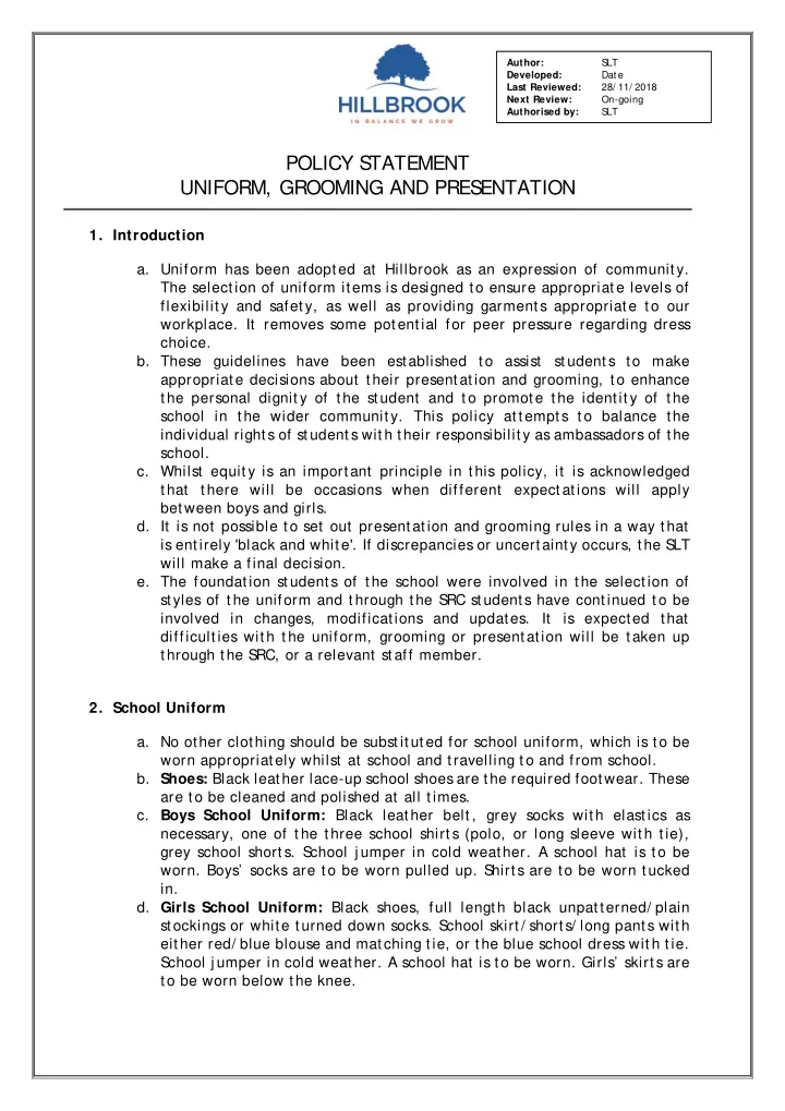 policy s tatement uniform grooming and presentation